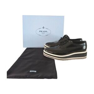 PRADA‎ Black Patent Leather Wingtip Brogue Platform Oxfords Women's SZ 39 IOB